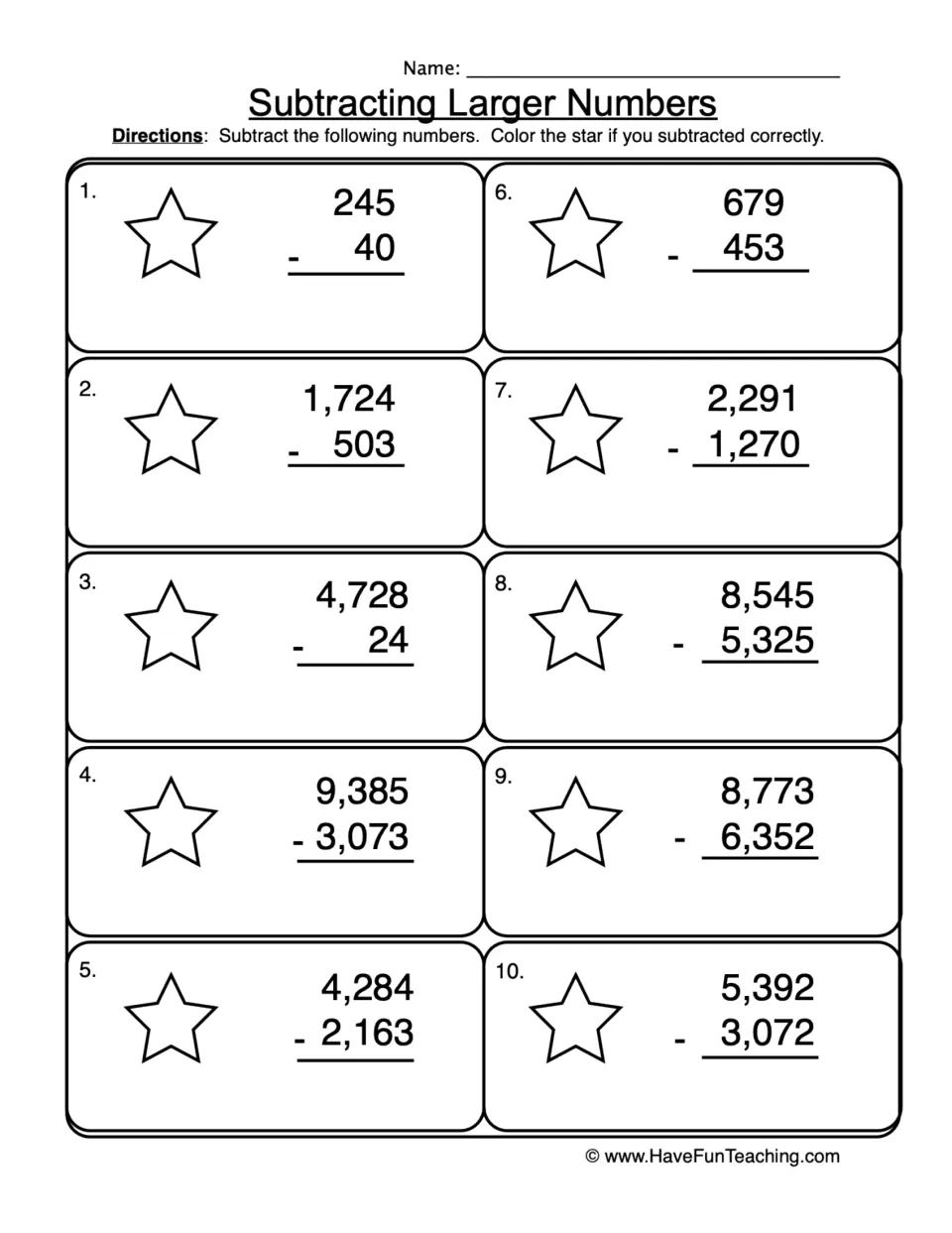 Subtracting Larger Numbers: students solve 10 problems up to four digits, e.g. 9,385 - 3,073, and color a star if correct