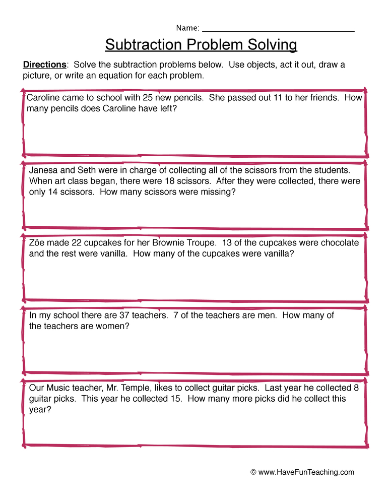 Subtraction Problem Solving Worksheet by Teach Simple