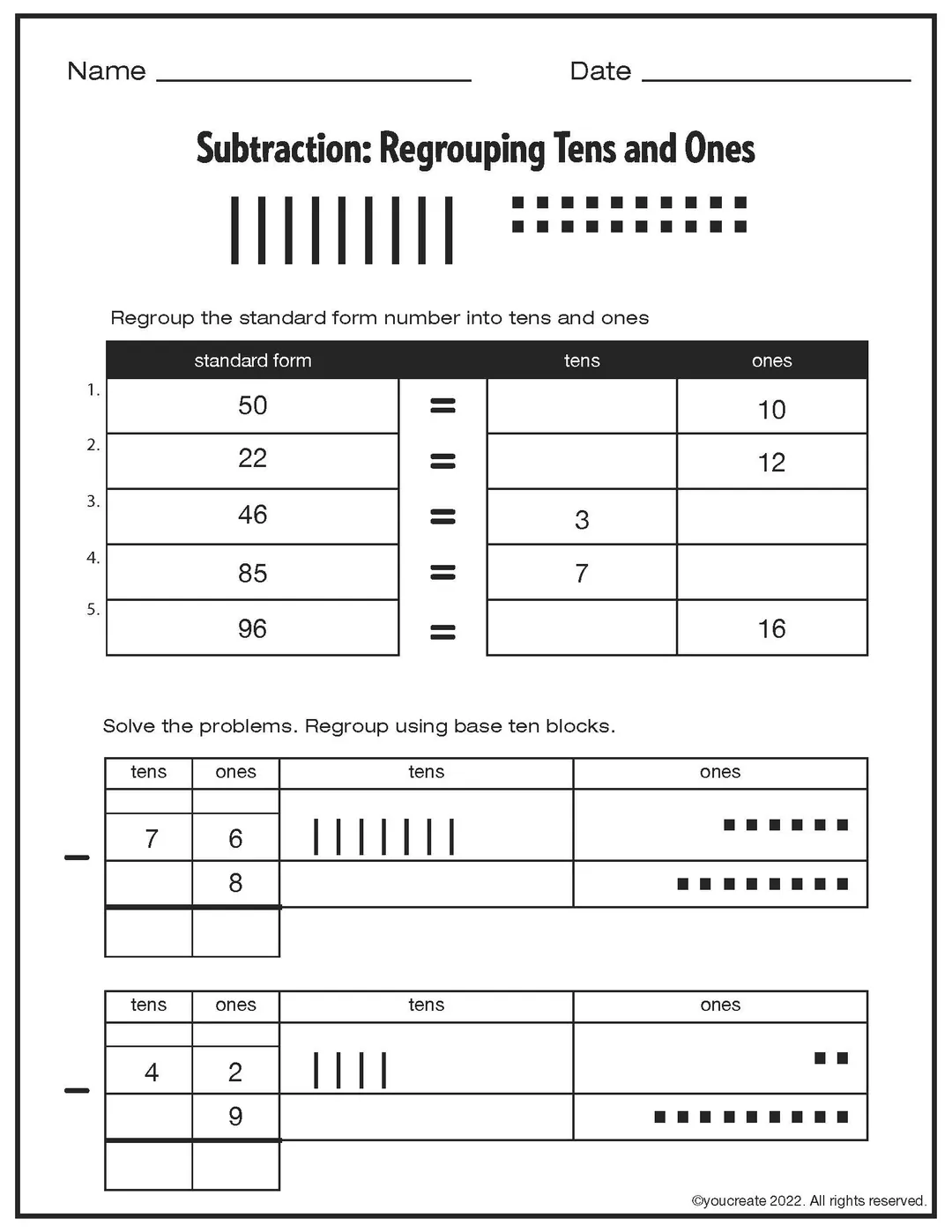 SUBTRACTION: Regrouping 10s and 1s • 2 Digit and 1 Digit Numbers – cover