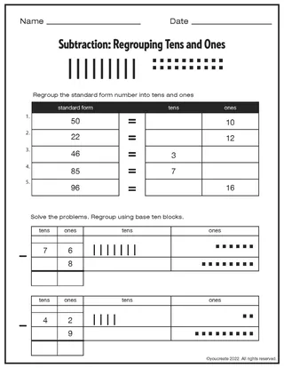 SUBTRACTION: Regrouping 10s and 1s • 2 Digit and 1 Digit Numbers – cover