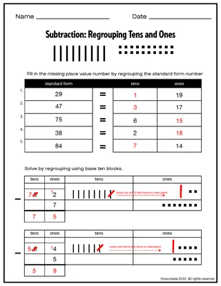 SUBTRACTION: Regrouping 10s and 1s • 2 Digit and 1 Digit Numbers – sample page 2