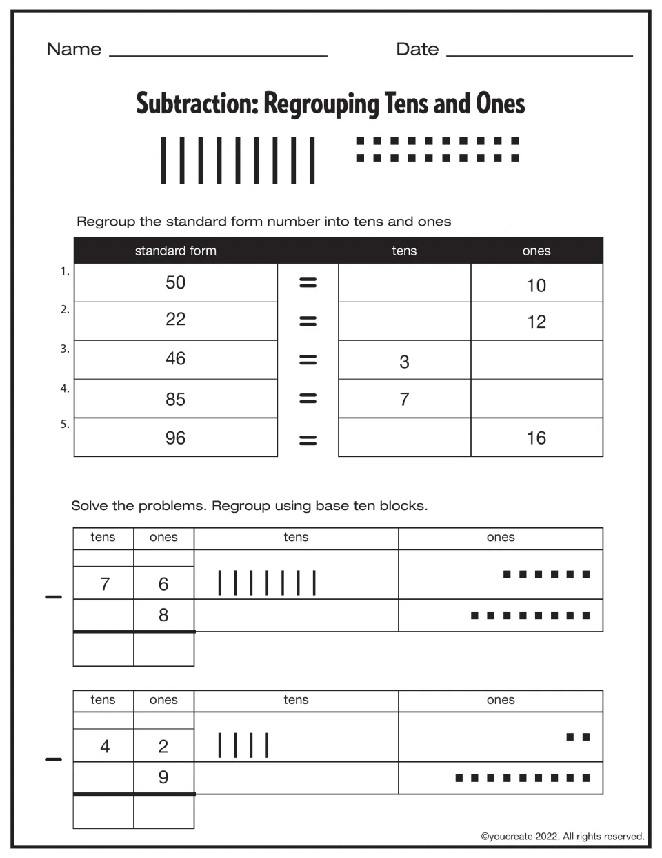 Regrouping tens and ones: students rename 50, 22, 46, 85 and 96, then solve 76 − 8 and 42 − 9 using base ten blocks