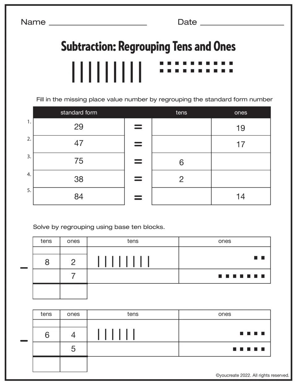 Place value regrouping: students fill in missing tens or ones for 29, 47, 75, 38 and 84, then solve 82 − 7 and 64 − 5