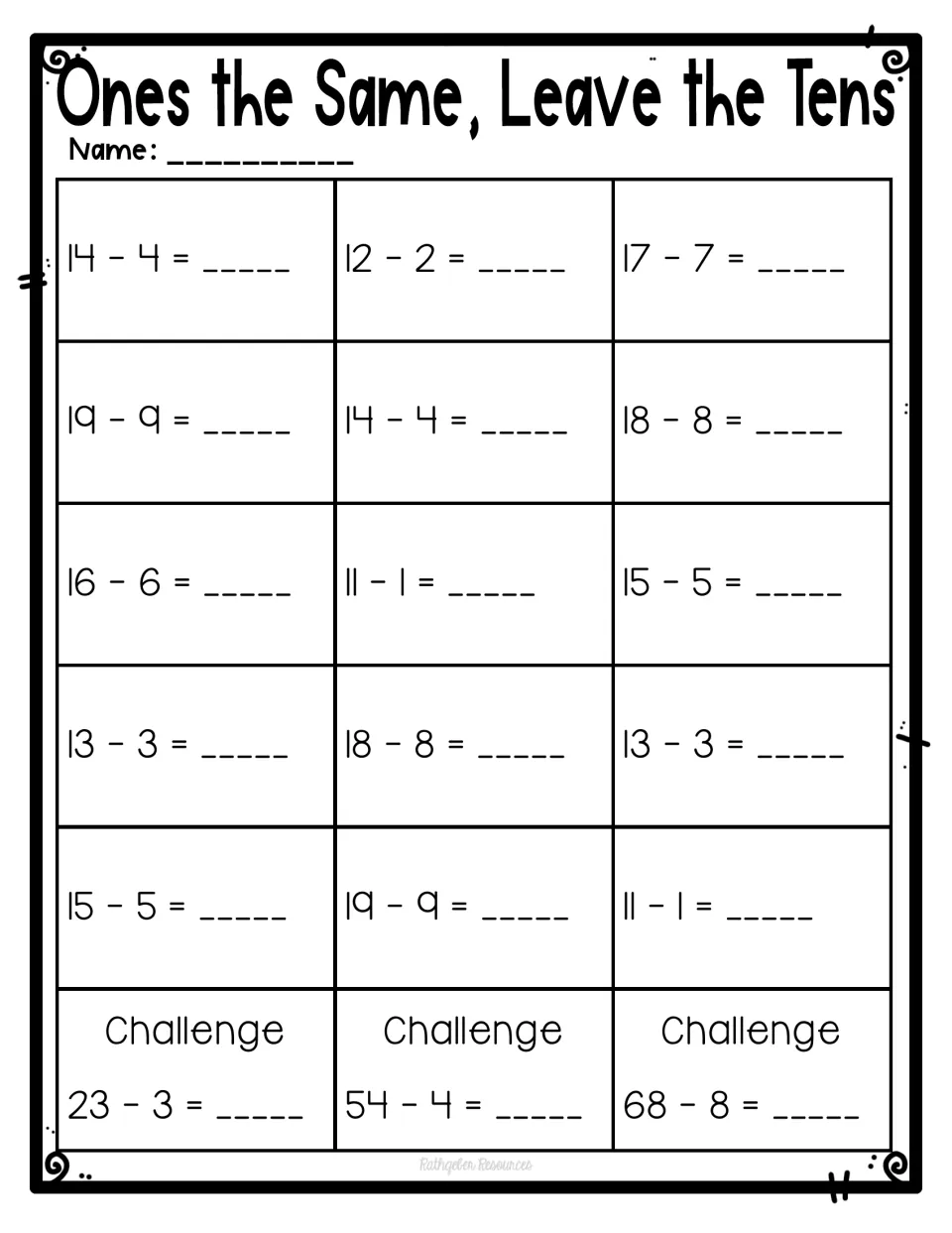 Ones the Same, Leave the Tens: students solve 15 teen facts like 14 - 4 and 17 - 7, plus challenges such as 54 - 4