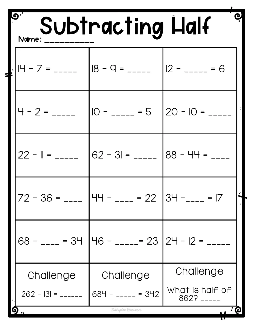 Subtracting Half: students solve doubles facts like 14 - 7 and 62 - 31, fill missing parts, and find half of 862