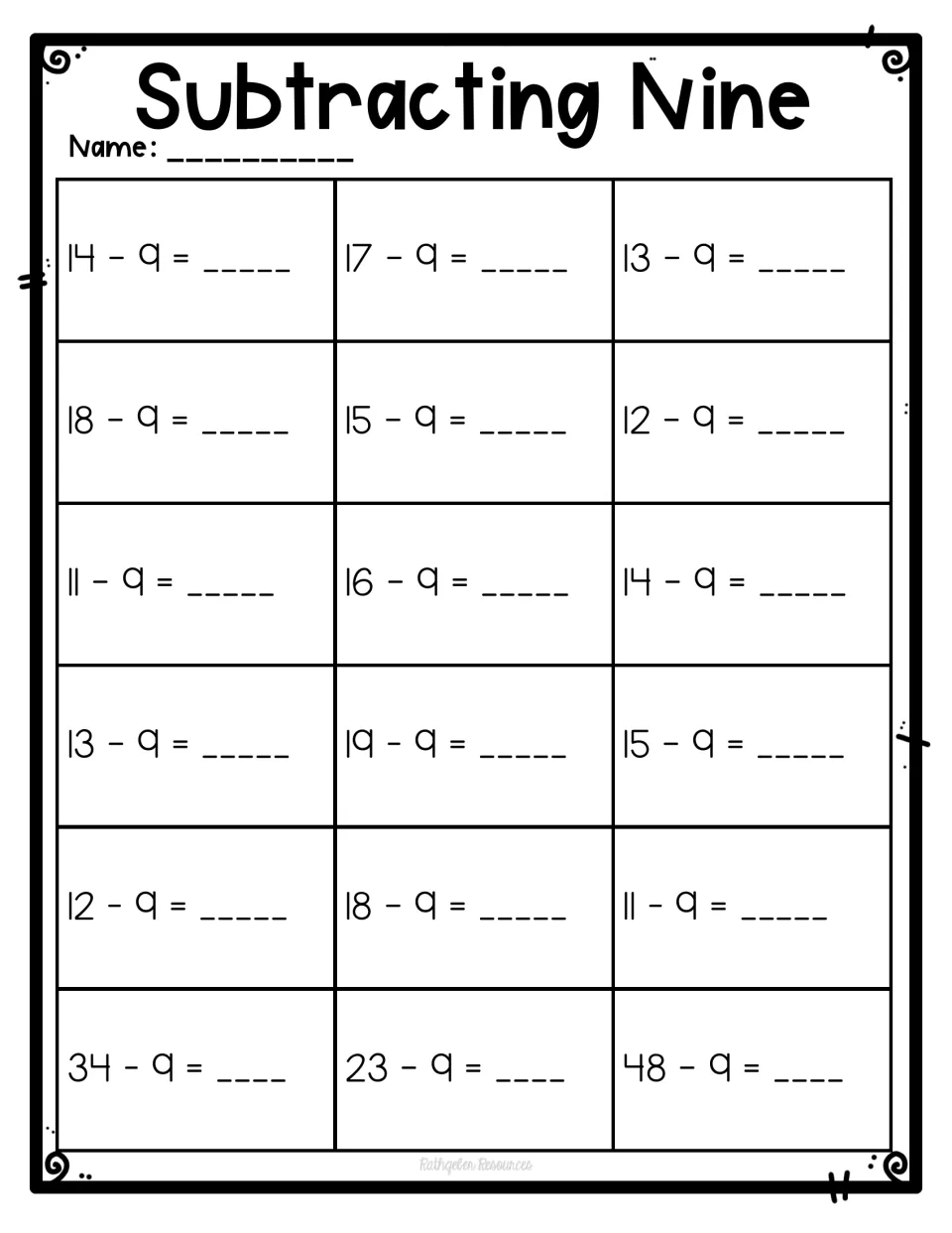 Subtracting Nine: students solve 15 teen facts such as 14 - 9 and 17 - 9, then try 34 - 9, 23 - 9 and 48 - 9