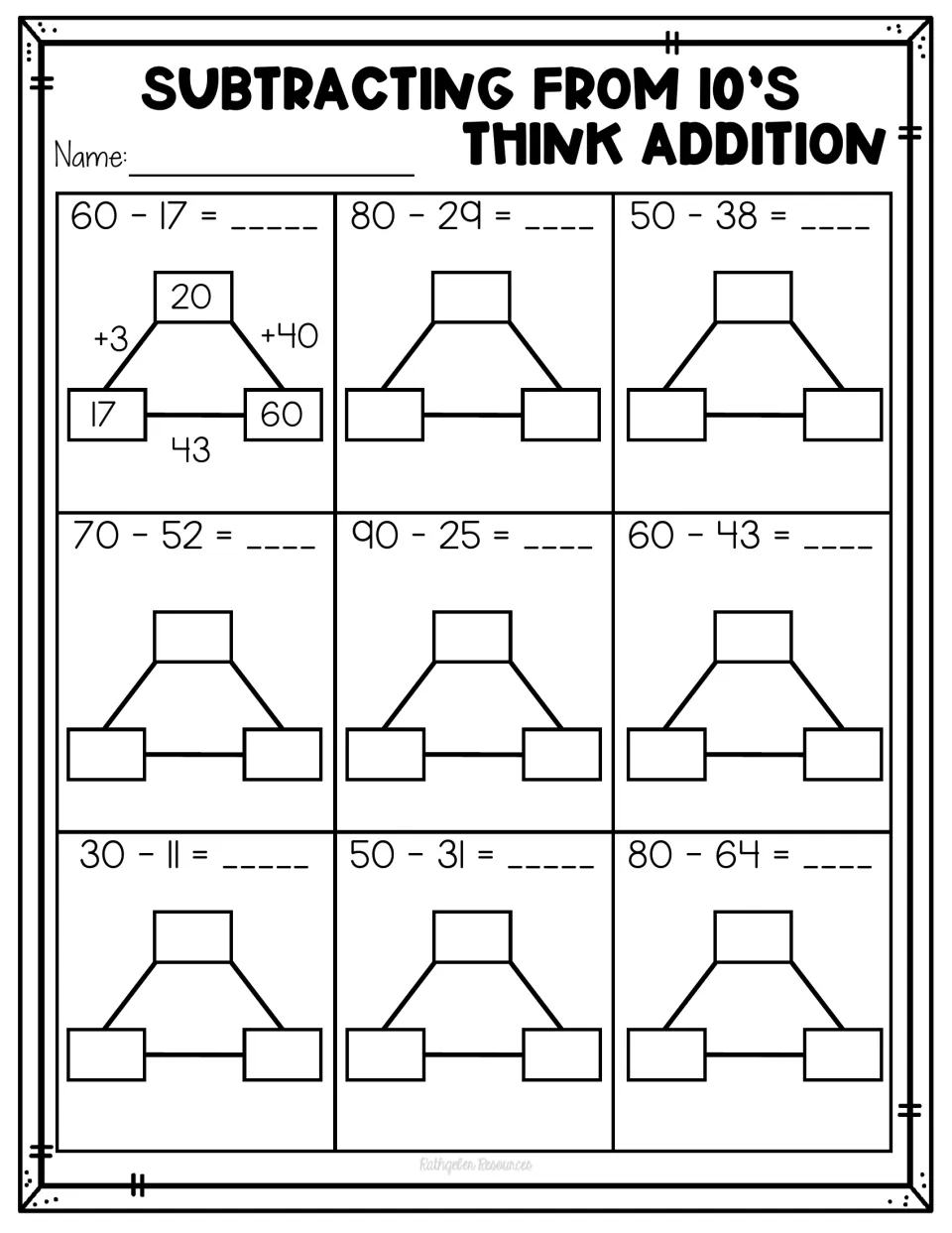 Subtracting from 10's, think addition: students count up from 17 to 60 in jumps, then solve 80 - 29, 90 - 25 and more