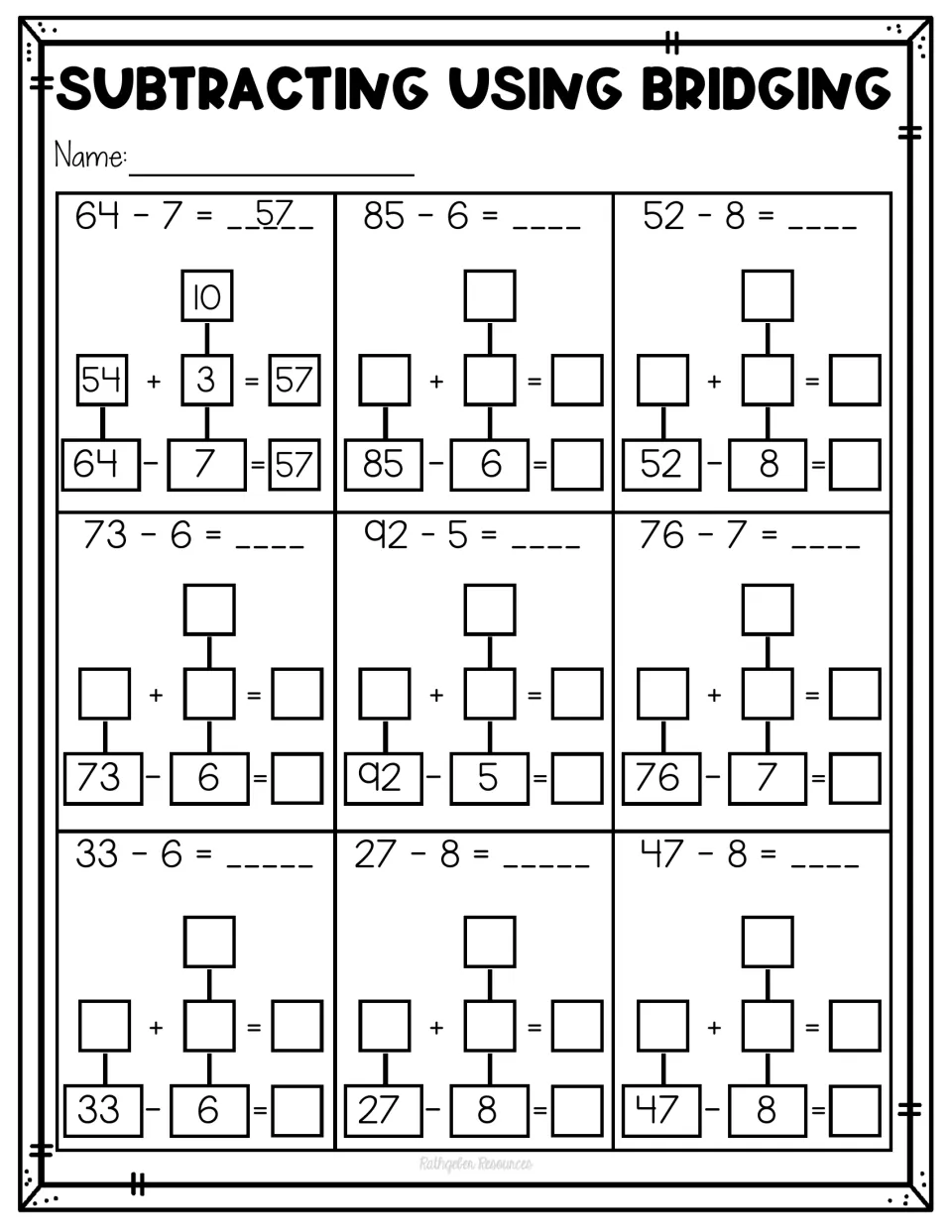 Subtracting using bridging through ten: worked example 64 - 7 = 57, then students solve 85 - 6, 92 - 5 and 47 - 8