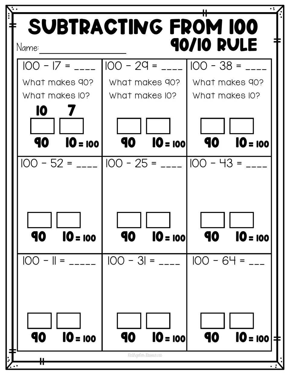 Subtracting from 100 with the 90/10 rule: students ask what makes 90 and 10 to solve 100 - 17, 100 - 52 and 100 - 64