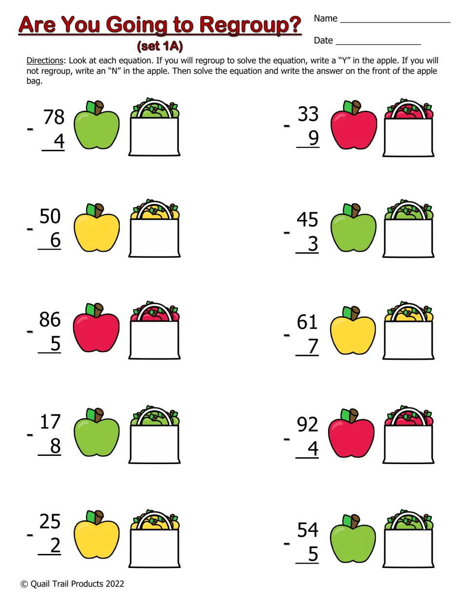 Are You Going to Regroup? set 1A: students mark Y or N on each apple, then subtract 1 digit from 2-digit numbers like 78 - 4