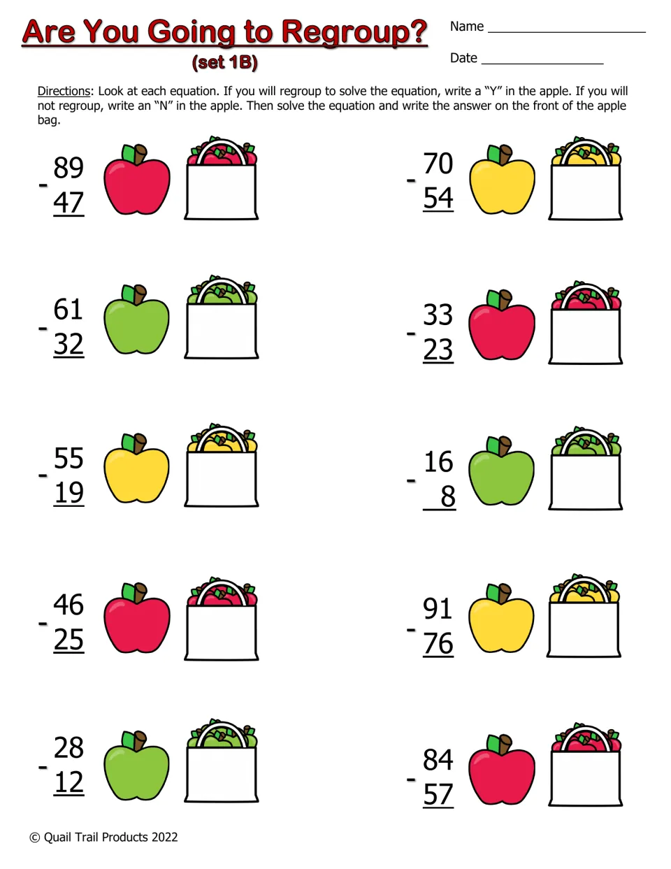 Set 1B regrouping check: students decide Y or N for 2-digit minus 2-digit problems such as 89 - 47 and write each difference