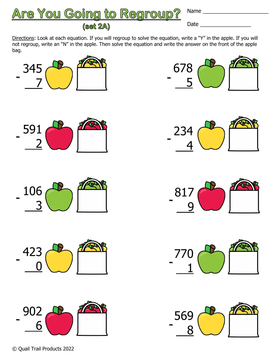 Set 2A regrouping decisions: students mark Y or N and subtract a 1-digit number from 3-digit numbers such as 345 - 7