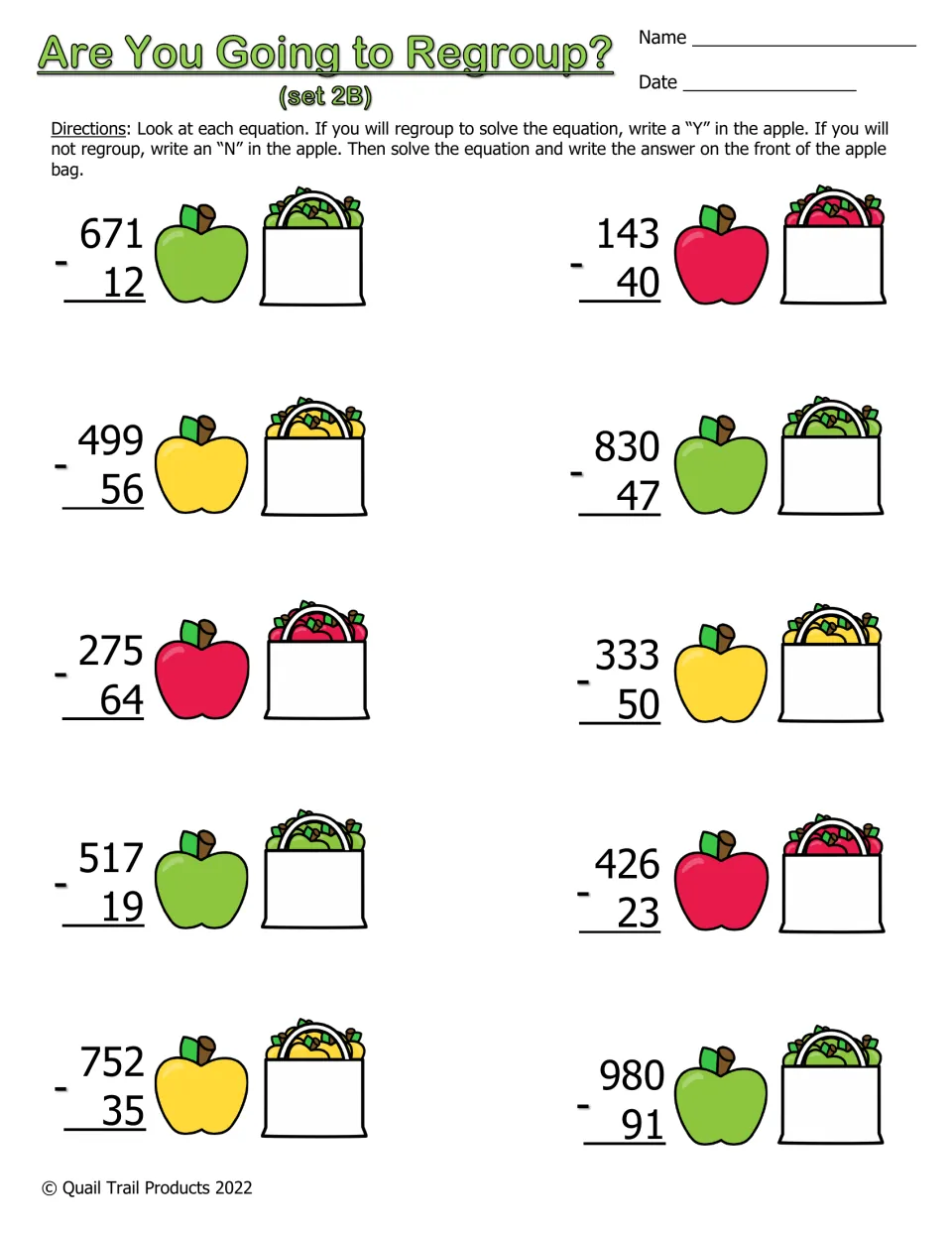 Set 2B: students decide if regrouping is needed for 3-digit minus 2-digit problems like 671 - 12, then solve on each bag