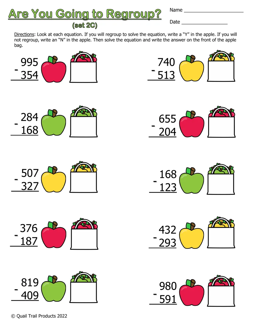 Set 2C: students mark Y or N for regrouping in 3-digit minus 3-digit subtraction such as 995 - 354, then write each answer