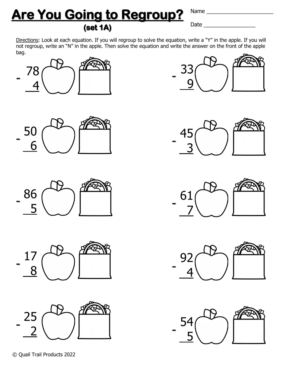 Black-and-white set 1A: students mark regrouping Y or N on apples and solve 2-digit minus 1-digit problems like 50 - 6