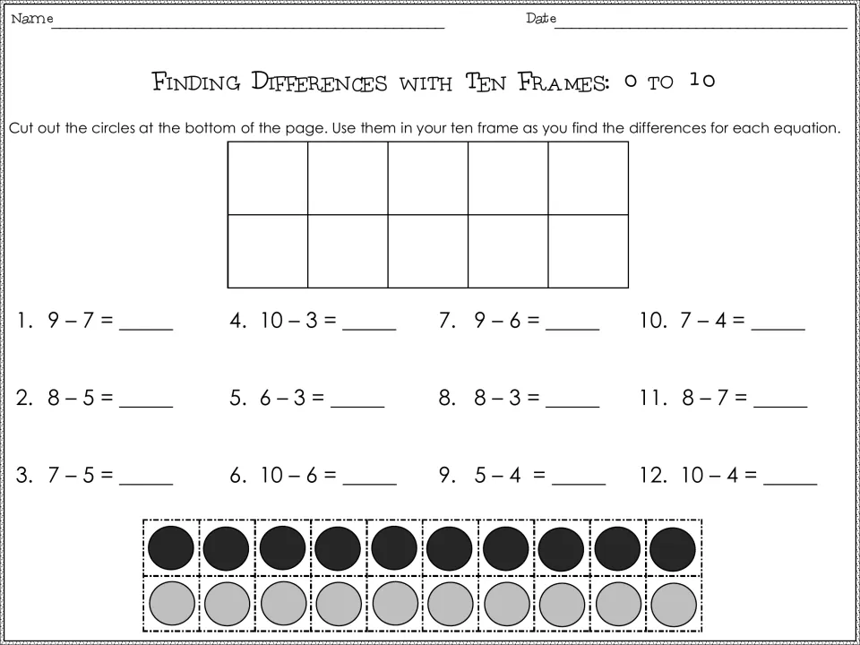 Differences to 10: students cut out black and gray circles to model 12 equations, such as 9 - 7, on one ten frame