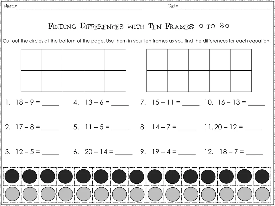Differences to 20: students cut out 30 counters and use two ten frames to solve 12 equations from 18 - 9 to 18 - 7