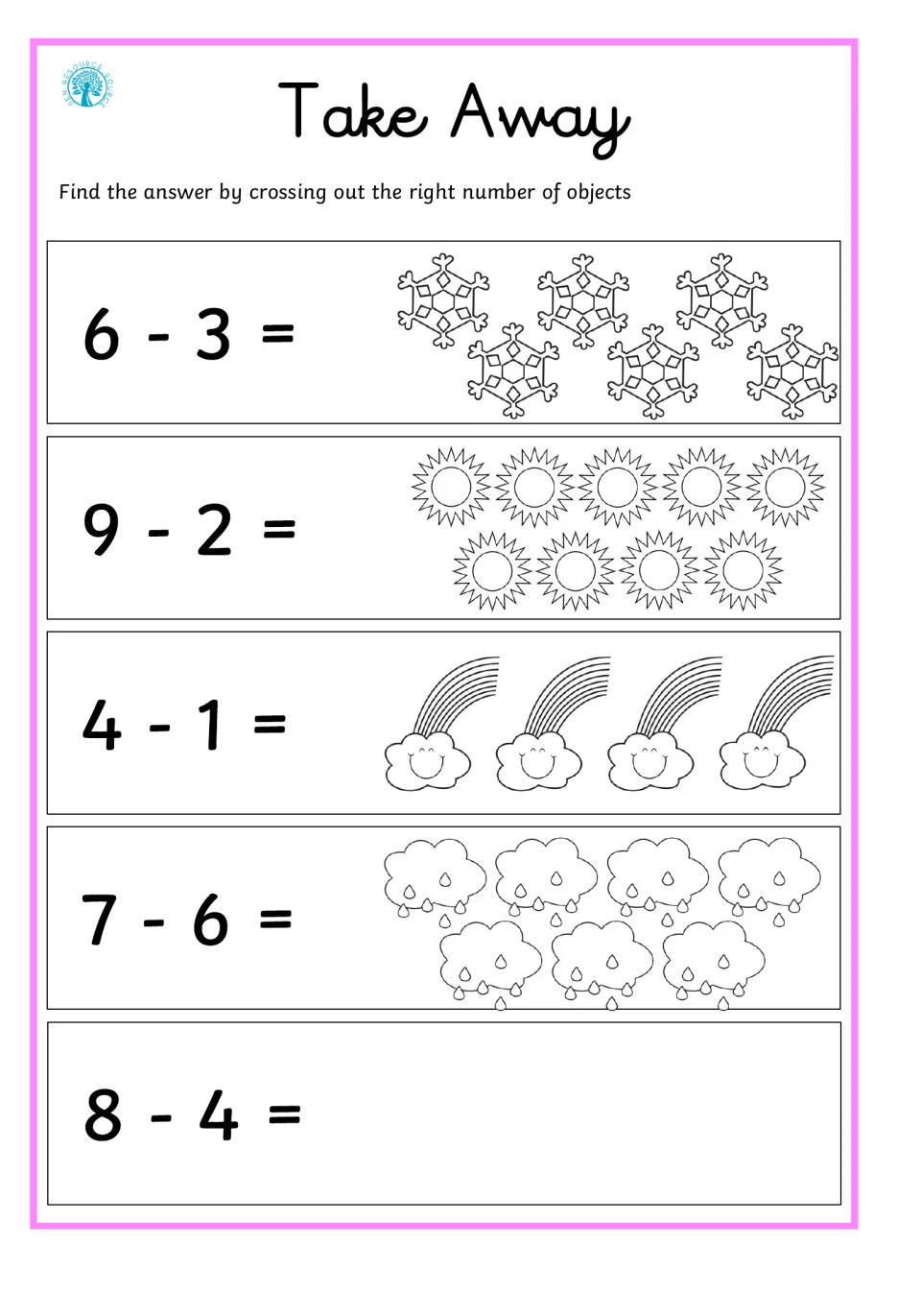 Take Away: students cross out snowflakes, suns, rainbows and rain clouds to solve 6 - 3 to 7 - 6; 8 - 4 has no pictures