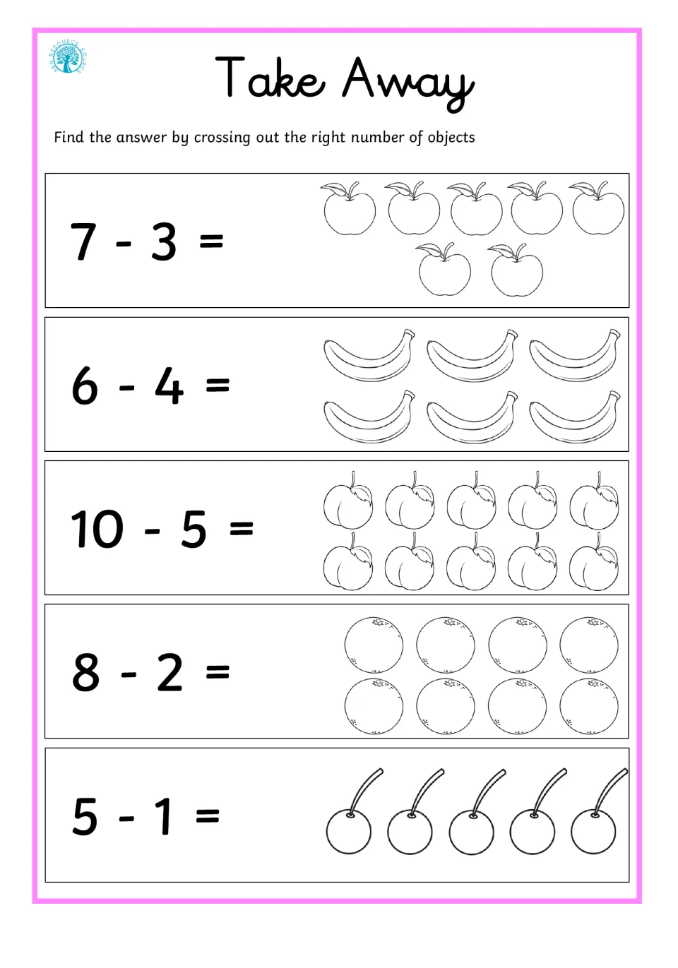 Take Away fruit set: students cross out apples, bananas, peaches, oranges and cherries to solve 5 problems like 10 - 5