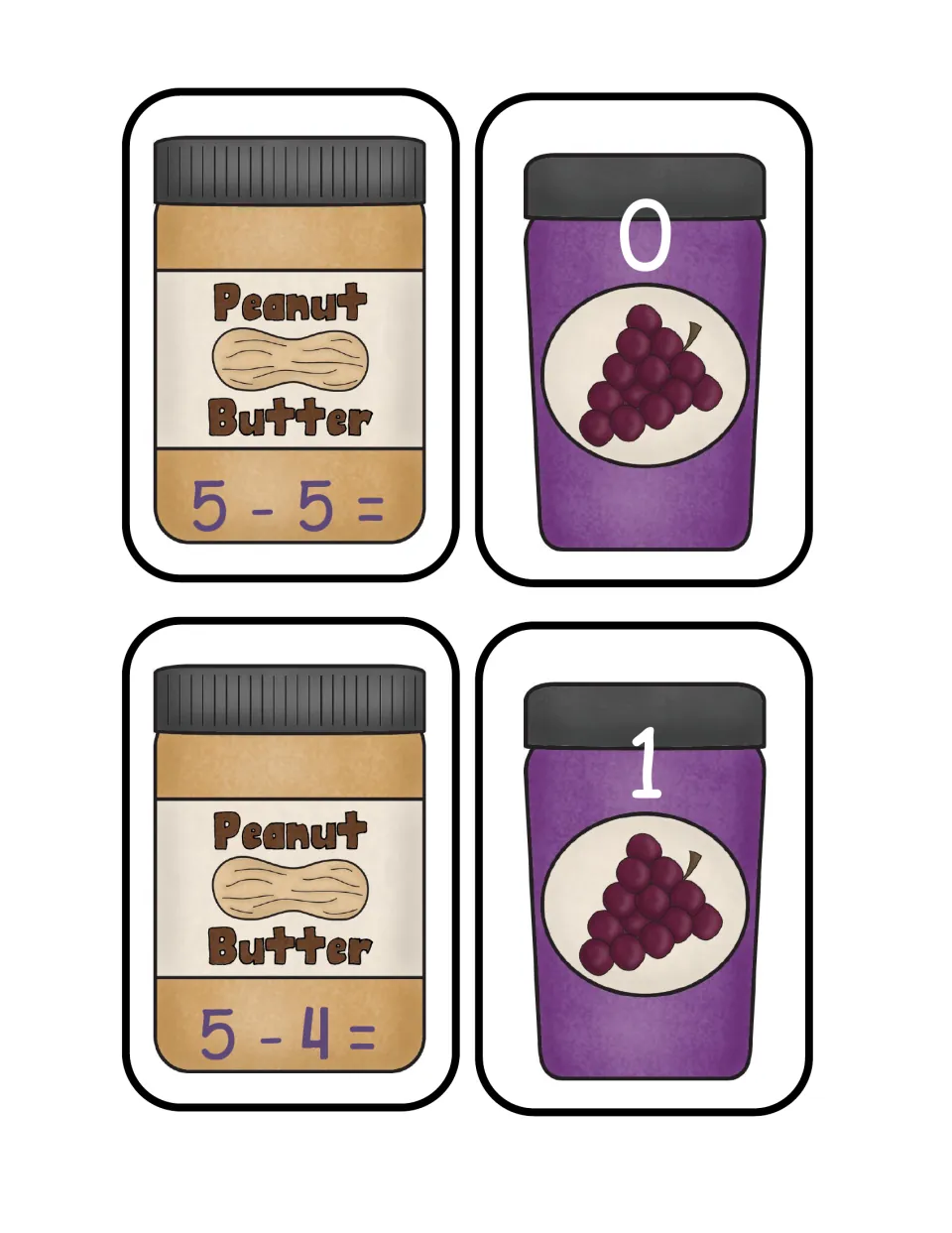 Subtracting from 5: peanut butter jar cards show 5 - 5 and 5 - 4; students match each to a jelly jar card numbered 0 or 1