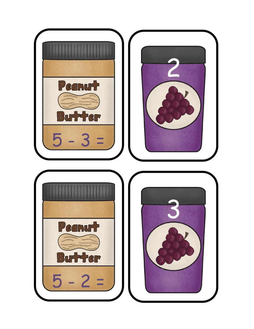 Subtracting from 5: cut-out jar cards pair 5 - 3 and 5 - 2 on peanut butter jars with jelly jar cards showing 2 and 3
