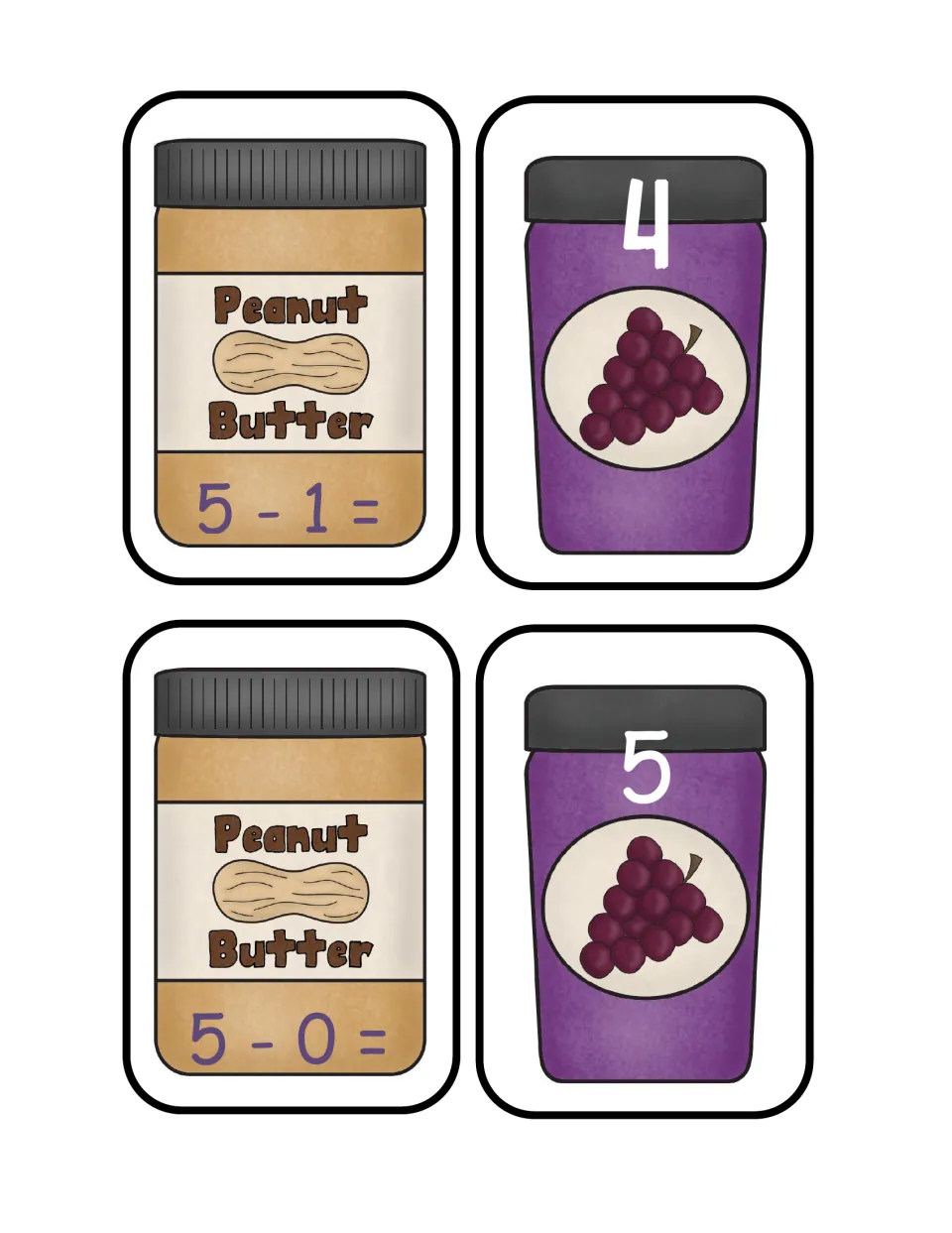 Subtracting from 5: peanut butter jar cards 5 - 1 and 5 - 0 to solve and match with jelly jar cards numbered 4 and 5