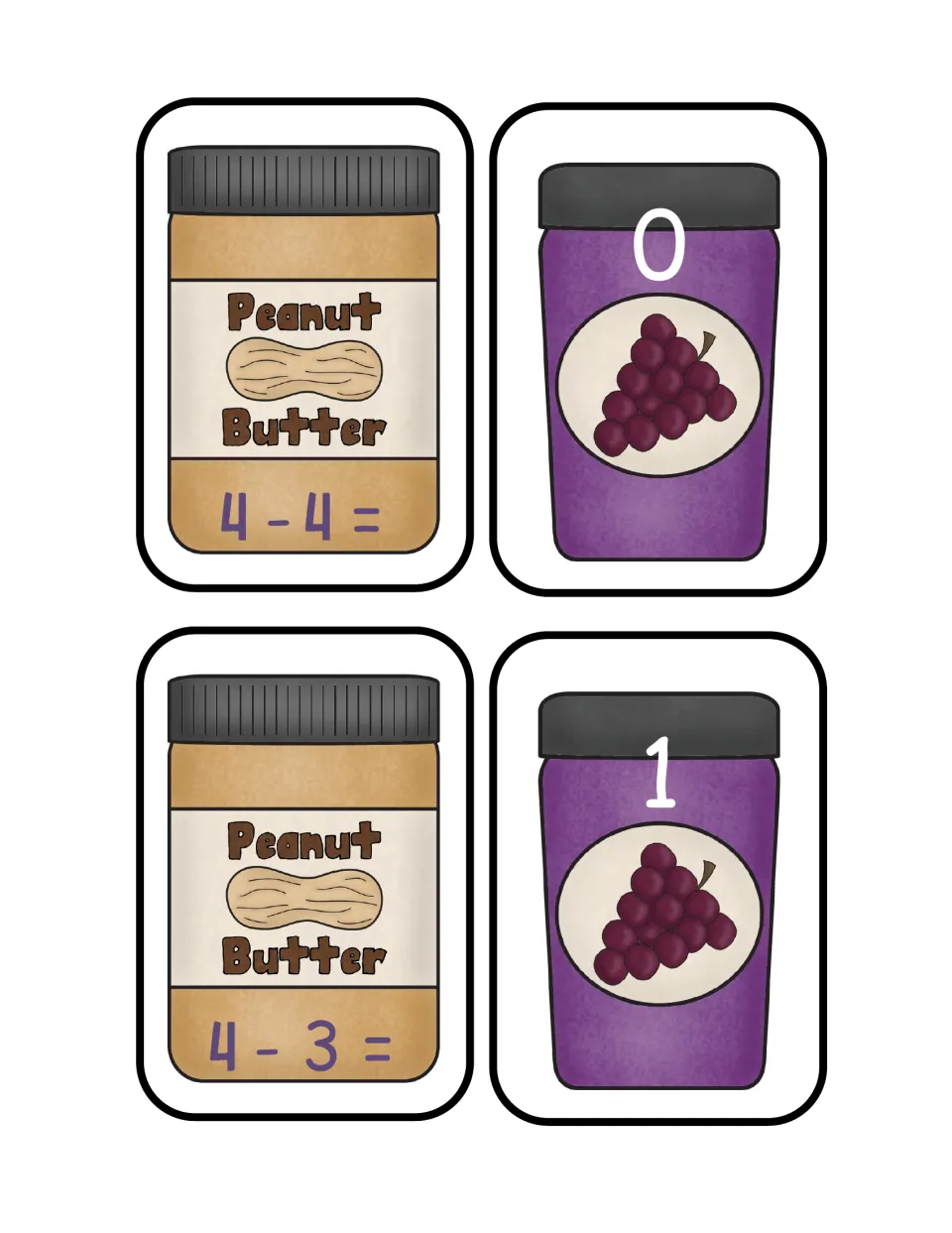 Subtracting from 4: matching cards with 4 - 4 and 4 - 3 on peanut butter jars and jelly jar answers 0 and 1 to cut out