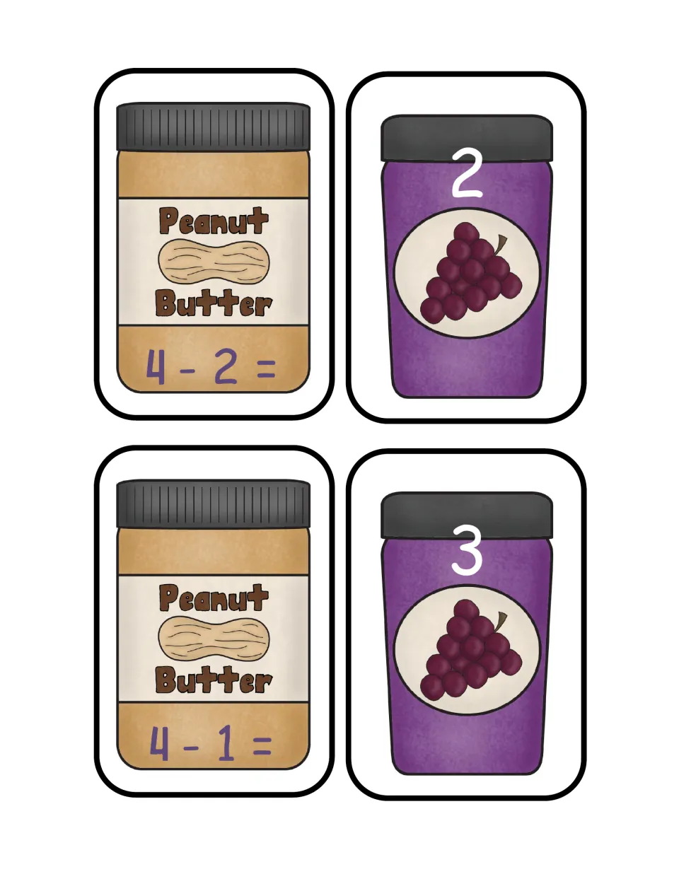 Subtracting from 4: students solve 4 - 2 and 4 - 1 on peanut butter jar cards and pair with jelly jars showing 2 and 3