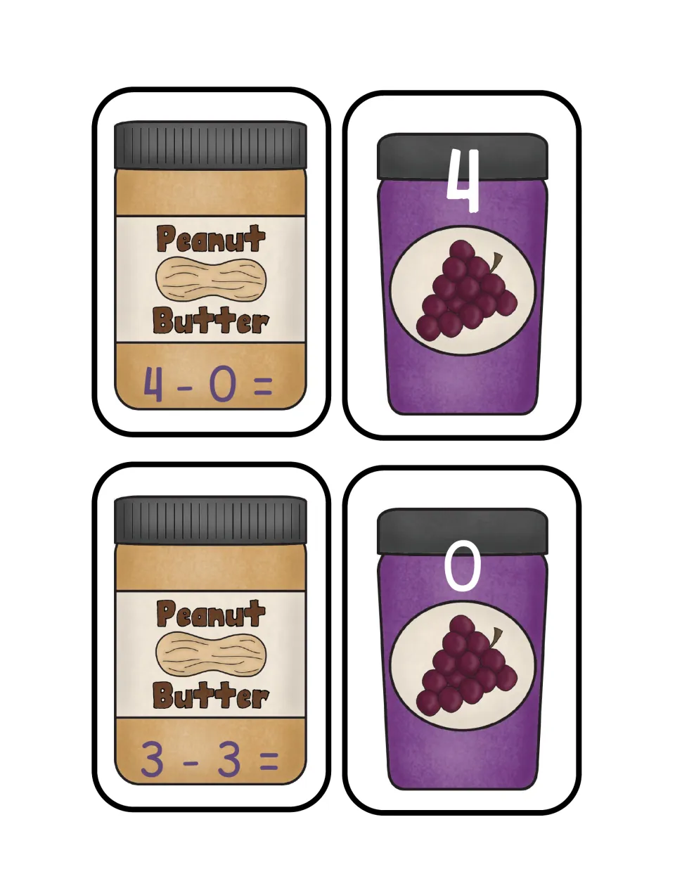 Subtracting from 4 and 3: peanut butter jar cards 4 - 0 and 3 - 3 with jelly jar cards 4 and 0 for the matching game