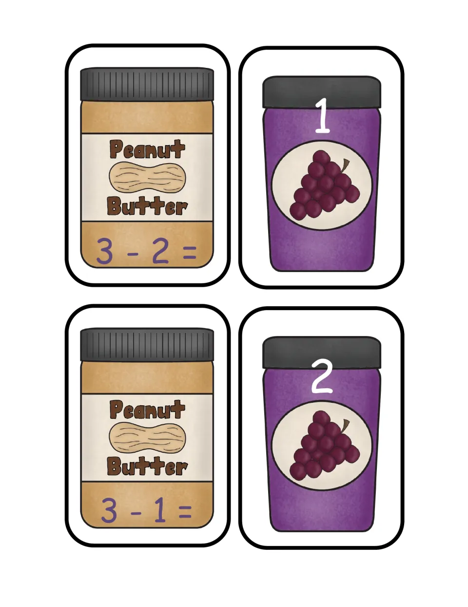 Subtracting from 3: cut-out cards match the peanut butter jar problems 3 - 2 and 3 - 1 to jelly jars numbered 1 and 2