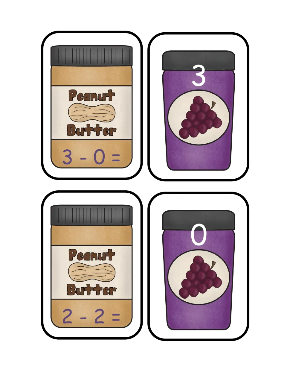 Subtracting from 3 and 2: students solve 3 - 0 and 2 - 2 on peanut butter jar cards and find jelly jar answers 3 and 0