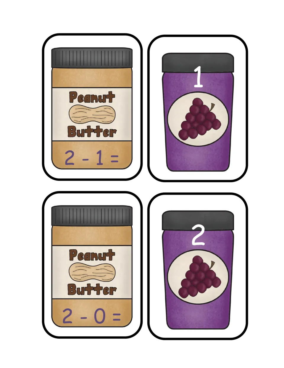 Subtracting from 2: final jar cards pair 2 - 1 and 2 - 0 on peanut butter jars with jelly jar cards showing 1 and 2