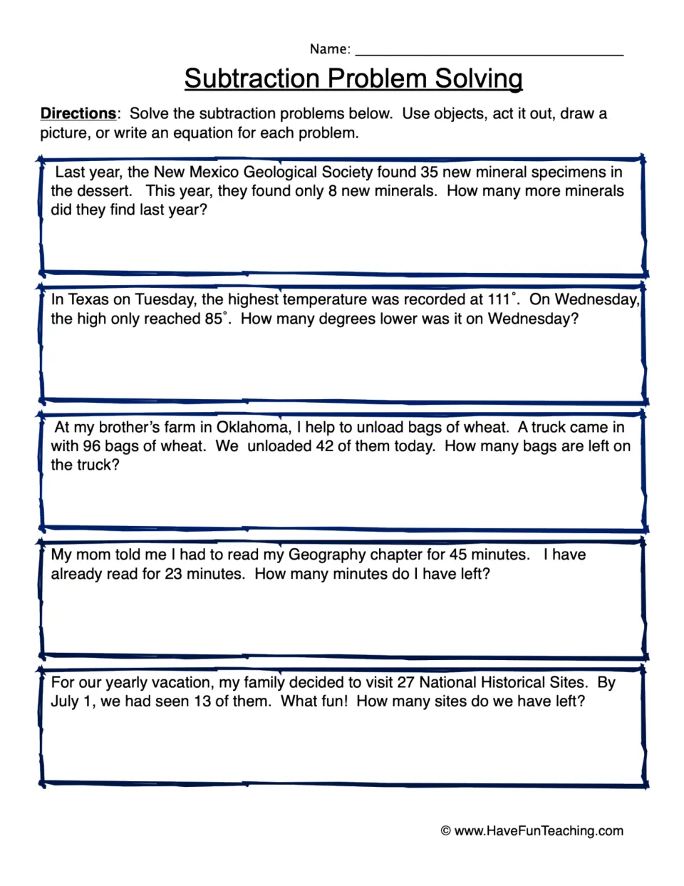 Subtraction problem solving: students solve 5 word problems on minerals, temperatures, wheat bags, reading time and sites