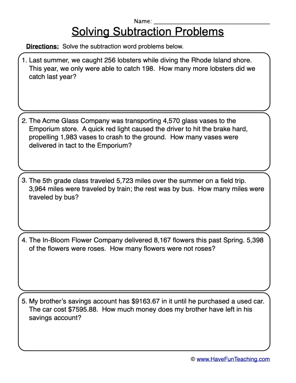 Solving Subtraction Problems: students solve 5 multi-digit word problems on lobsters, vases, miles, flowers and money