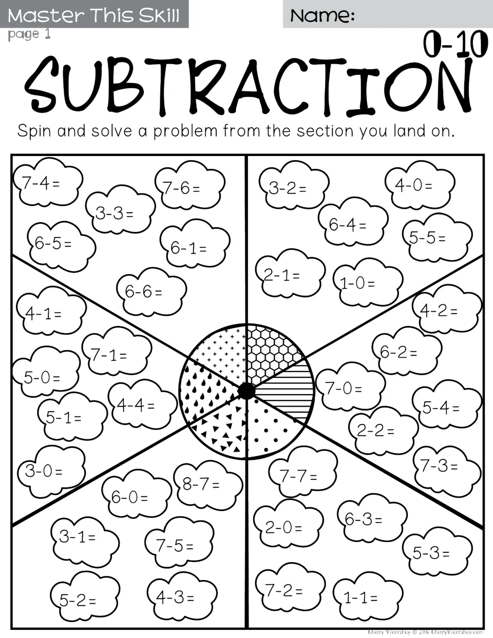 Subtraction 0-10 spin-and-solve: students spin a 6-part spinner and solve a cloud fact like 7-4, 6-6 or 4-0