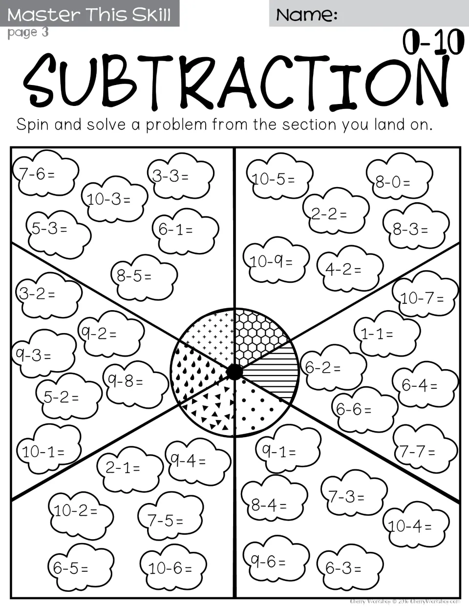 Subtraction 0-10 spin-and-solve, page 3: students spin, then solve a mixed fact like 10-3, 5-3, 9-2 or 6-6 in that section