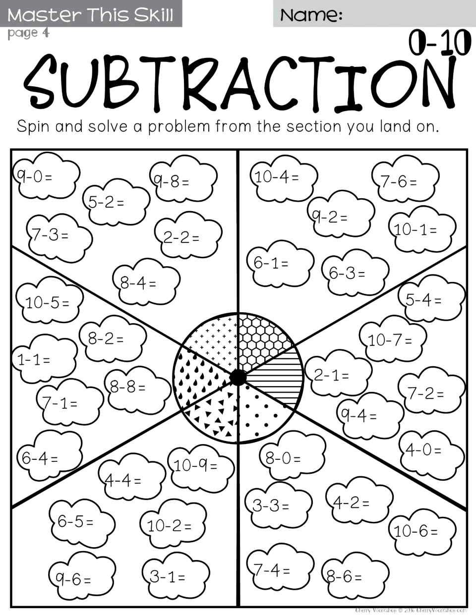 Subtraction 0-10 spin-and-solve, page 4: students spin and solve cloud facts such as 9-0, 10-5, 1-1 and 8-8 in each section
