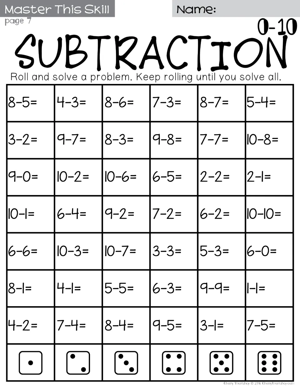 Subtraction 0-10 roll-and-solve, page 7: students roll a die to pick a column and solve facts like 8-5, 9-8 and 10-10