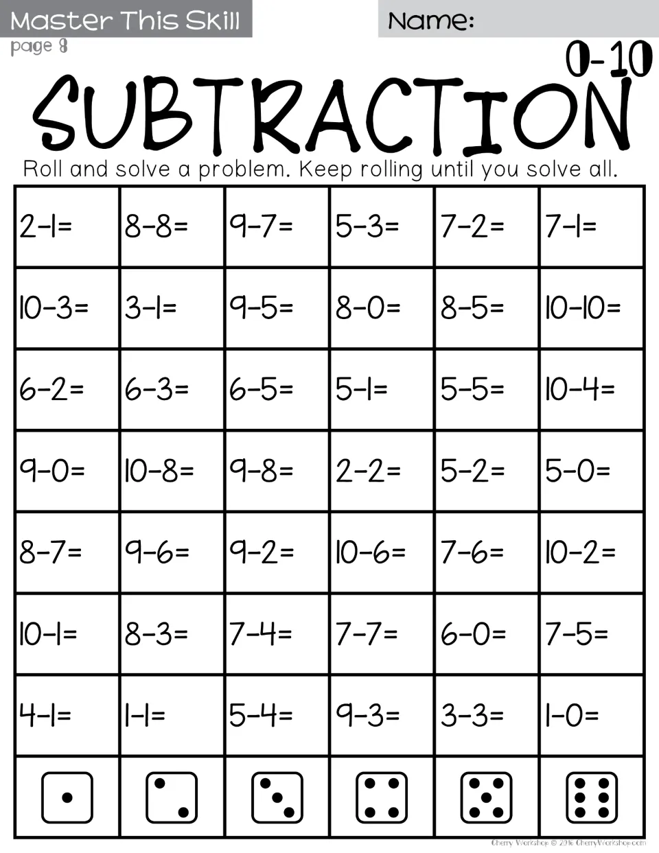 Subtraction 0-10 roll-and-solve, page 8: students keep rolling until all 42 facts are solved, such as 2-1, 9-5 and 10-4