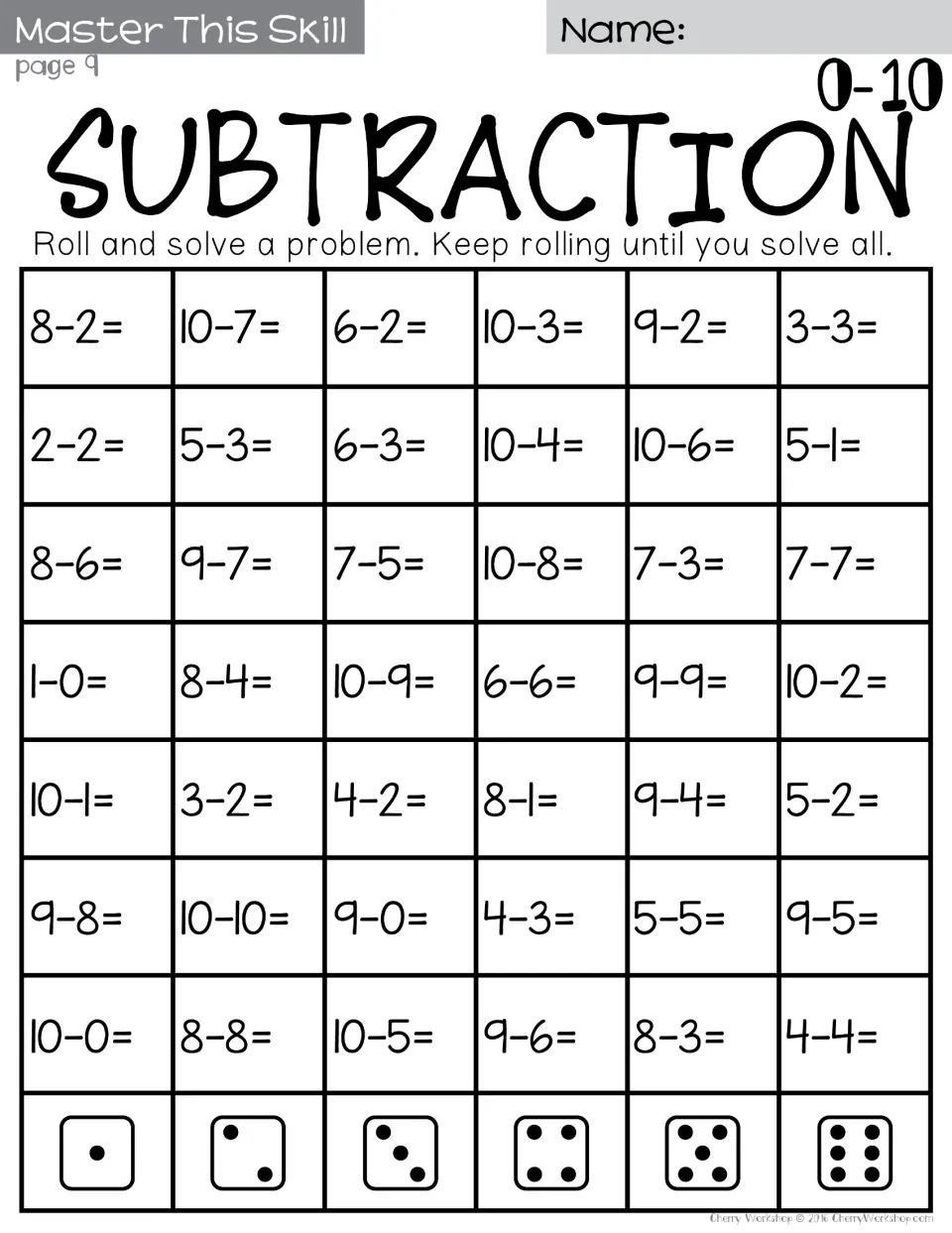 Subtraction 0-10 roll-and-solve, page 9: students roll and solve column facts such as 8-2, 10-7, 1-0 and 10-0