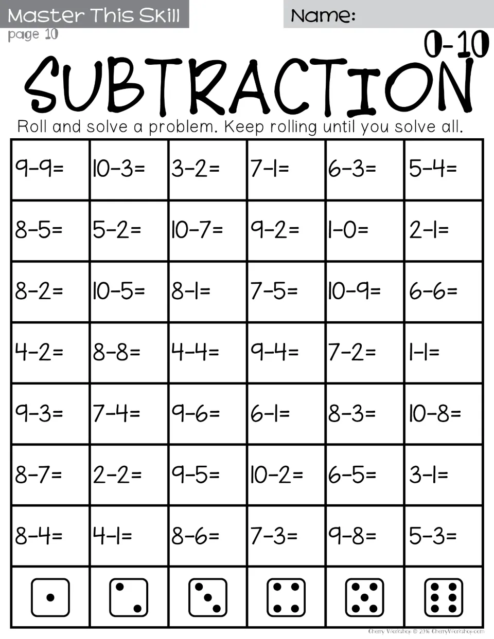 Subtraction 0-10 roll-and-solve, page 10: students roll a die and solve facts in that column like 9-9, 10-3 and 8-4