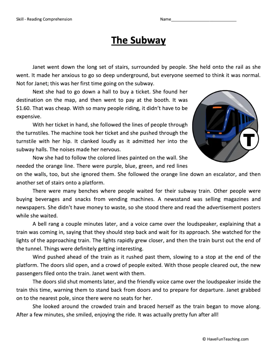 Reading passage about Janet's first subway ride, from buying a ticket and boarding to enjoying the trip.
