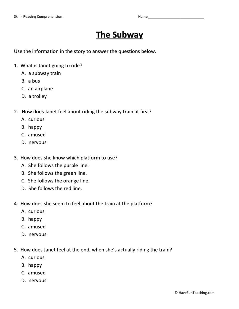 Five multiple-choice questions about Janet's subway ride, her feelings, and following the orange line.