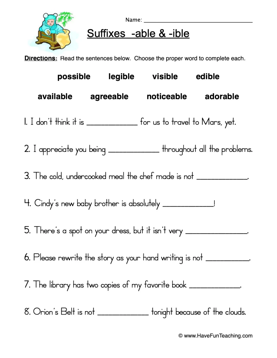 Suffixes -able and -ible: students choose from 8 words like visible and edible to complete 8 fill-in-the-blank sentences