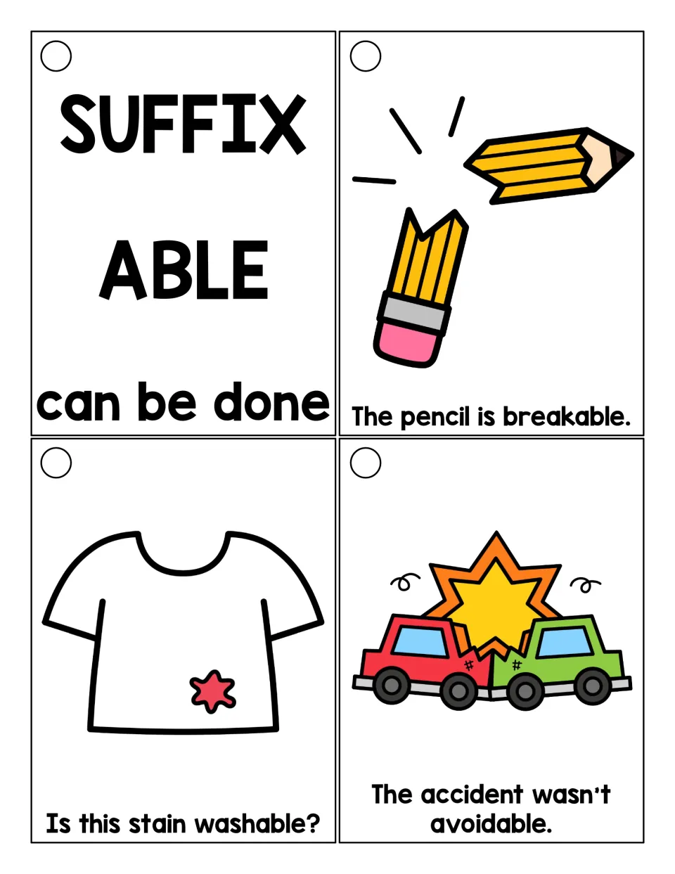 Suffix -able ring cards: a 'can be done' header card plus picture sentences for breakable, washable and avoidable