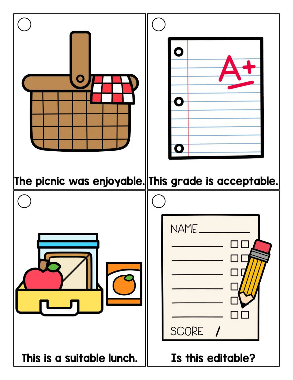 Suffix -able sentence cards: students read picture sentences with enjoyable, acceptable, suitable and editable