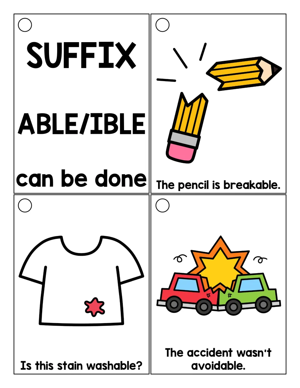Suffix -able/-ible ring cards: header card 'can be done' with picture sentences for breakable, washable, avoidable