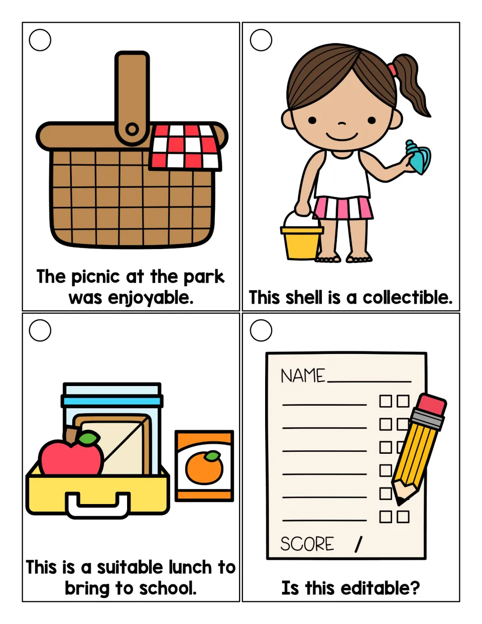 Suffix -able/-ible sentence cards: students read longer sentences using enjoyable, collectible, suitable, editable
