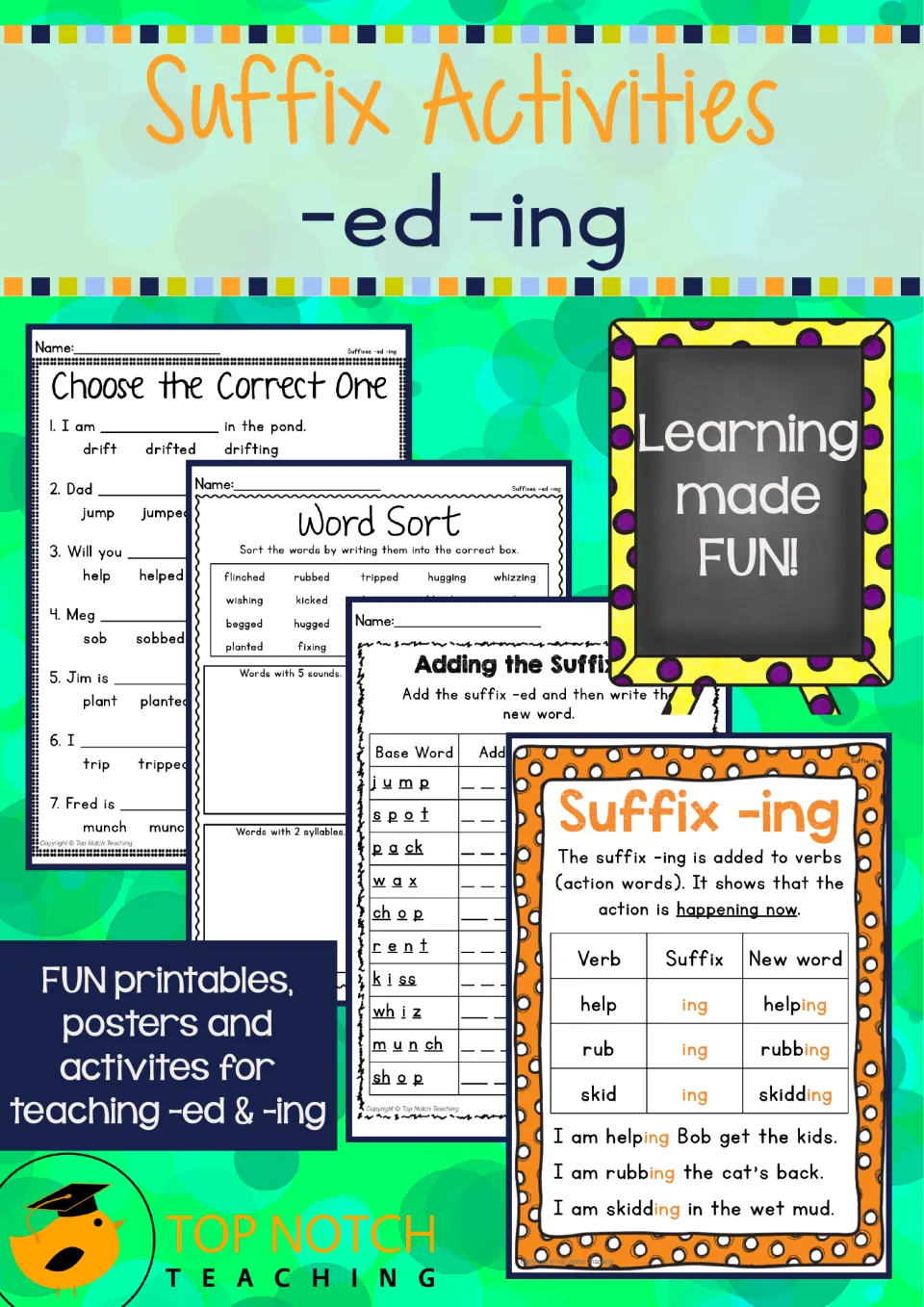 Cover of the suffix packet showing -ed and -ing practice samples for word sorting and adding suffixes