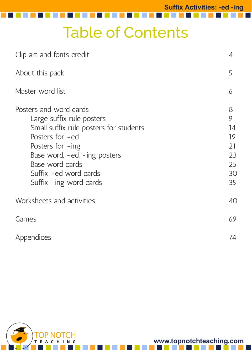 Suffix packet contents listing master word lists, posters, word cards, worksheets, games, and appendices